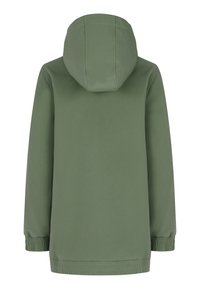 Olijfgroene jas met capuchon, lange mouwen, elastische manchetten en zoom. Glad materiaal met een effen textuur, zonder zichtbare patronen of accenten.