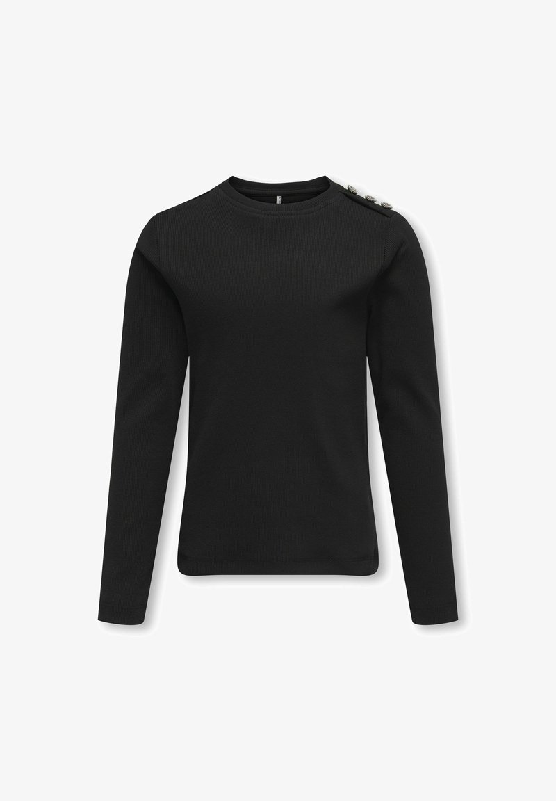 Chemise noire à manches longues en tissu côtelé, avec un col rond et des boutons sur l'épaule gauche pour un détail décoratif.