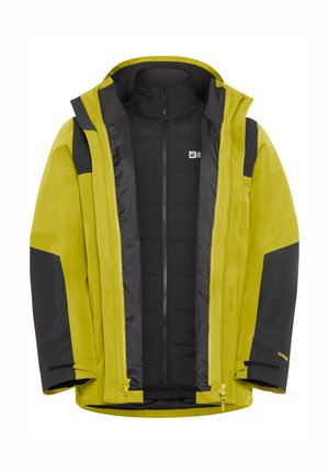 Giacca impermeabile con un esterno giallo brillante, dettagli neri, chiusura frontale con zip e fodera interna trapuntata nera per il calore.