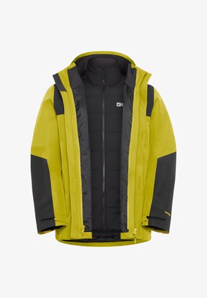 Wasserfeste Jacke mit einer leuchtend gelben Außenseite, schwarzen Akzenten, einem Reißverschluss vorne und einem gesteppten schwarzen Innenfutter für Wärme.