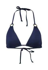 Mørkeblå trekantbikini topp laget av glatt stoff. Har justerbare bånd i nakken og på ryggen, med gullringdetaljer.