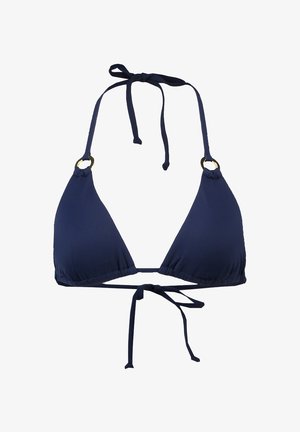 Haut de bikini triangulaire bleu marine en tissu lisse. Dispose de liens réglables au cou et au dos, avec des accents en anneau doré.
