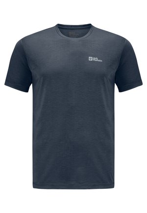 Marineblauwe T-shirt met korte mouwen, gemaakt van lichtgewicht stof, met een ronde halslijn en een klein logo op de bovenste linkerkant van de borst.