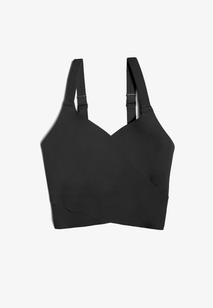 Czarny, bezszwowy biustonosz sportowy z regulowanymi ramiączkami i krzyżowym wzorem z przodu.