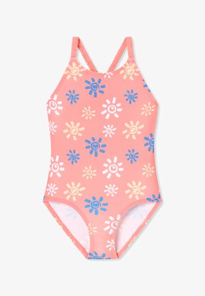 Rosa Badeanzug mit mehrfarbigen Sonnenmustern in Blau, Weiß und Gelb. Mit überkreuzten Trägern und taillierter Passform.