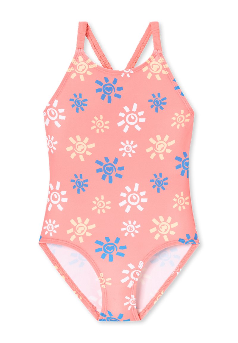 Bañador rosa con patrones de sol multicolores en azul, blanco y amarillo. Presenta tirantes cruzados y un diseño ajustado.