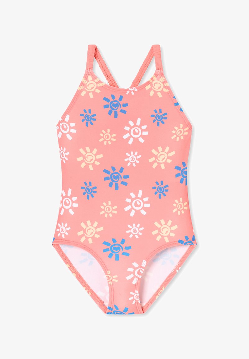 Costume da bagno rosa con motivi solari multicolori in blu, bianco e giallo. Presenta spalline incrociate e un design aderente.
