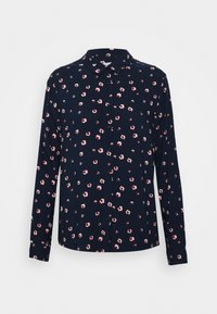 Camicia navy con bottoni, caratterizzata da piccoli motivi floreali in rosa e crema, maniche lunghe, colletto classico e una texture di tessuto liscia.