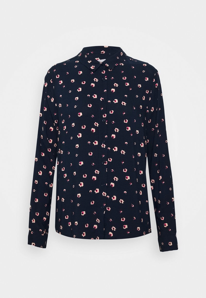 Camicia navy con bottoni, caratterizzata da piccoli motivi floreali in rosa e crema, maniche lunghe, colletto classico e una texture di tessuto liscia.