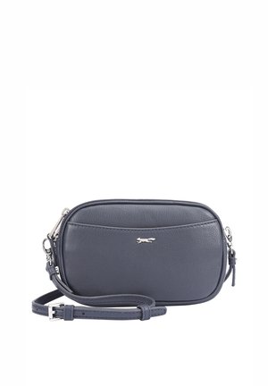 Compact marineblauwe leren crossbodytas met zilveren ritssluiting en verstelbare riem, met een klein zilveren dierenvormig logo aan de voorkant.