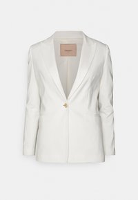 Biała, skrojona marynarka z pojedynczym złotym guzikiem, ostrymi klapami i dwoma przednimi kieszeniami. Gładki materiał o sztywnej konstrukcji.