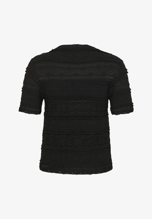 Top negru din dantelă, cu mâneci scurte, cu dungi orizontale texturate și margini ondulate, prezentat din spate pe un fundal alb.