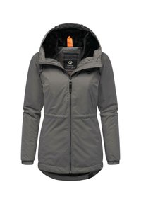 Gray insulated jacket with a zip-up front, adjustable hood, and a soft black fleece lining. Features a patterned inner label and bottom hem.