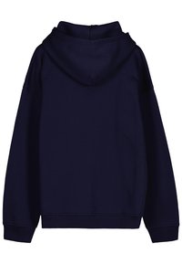 Felpa blu navy, materiale in cotone morbido, vestibilità comoda, maniche lunghe, cappuccio con cordino, polsini e orlo a coste, senza dettagli di design frontali.