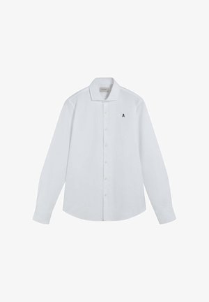 Weißes Langarmhemd mit Knopfleiste, klassischem Kragen und kleinem schwarzen Totenkopf-Logo auf der oberen linken Brust.