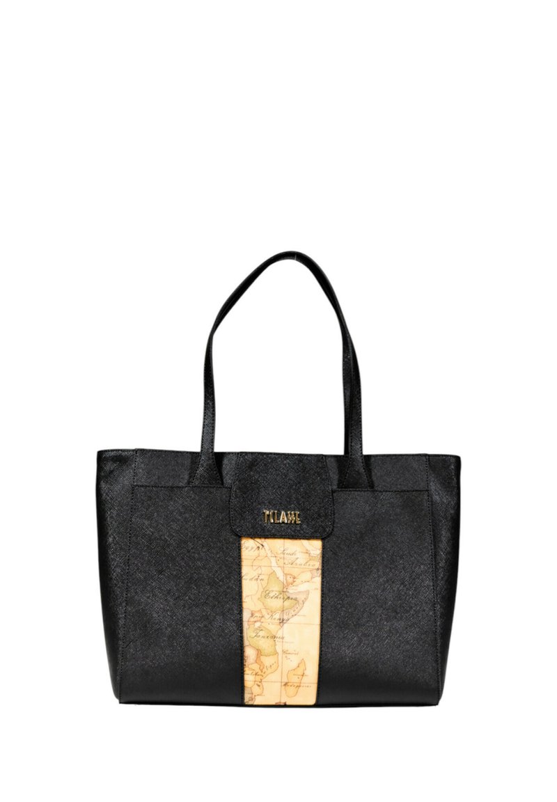 Borsa tote nera con finitura testurizzata, dotata di un pannello centrale beige con un design di mappa e accessori in oro sulla parte anteriore.