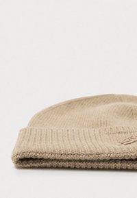 Gorro de punto marrón con un puño doblado, que presenta una textura acanalada y un sutil logo bordado en la parte frontal.