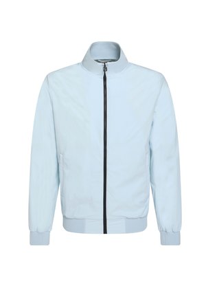 Light blue bomber jacket with a zip closure, high collar, ribbed cuffs and hem, made from smooth fabric with a minimalistic design.