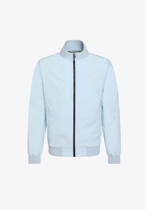 Lichtblauwe bomberjack met ritssluiting, hoge kraag, ribgebreide manchetten en zoom, gemaakt van gladde stof met een minimalistisch ontwerp.