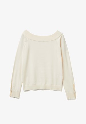 Elfenbeinfarbener Pullover mit einem schulterfreien Ausschnitt, langen Ärmeln mit geknöpften Schlitzen und gerippten Akzenten an Kragen und Bündchen.