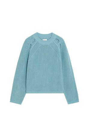 Suéter de punto azul claro con mangas largas, cuello redondo y cortes ovalados decorativos cerca de los hombros.