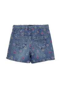 Denim shorts met een elastische tailleband, voorzien van meerkleurige geborduurde schelppatronen en twee achterzakken.