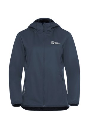 Giacca softshell Jack Wolfskin blu navy con cappuccio, zip frontale completa, tasche laterali con zip e polsini elastici.