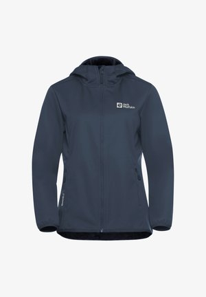 Marineblauwe softshell jas van Jack Wolfskin met capuchon, volledige ritssluiting aan de voorkant, zijzakken met rits en elastische manchetten.
