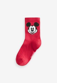 Röd bomullssocka med en svart och vit Mickey Mouse-karaktärdesign framtill. Slät textur med en passform som sitter bra.