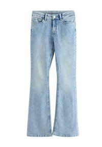 Lyseblå vide jeans lavet af denim, med knaplukning, fem lommer og falmede områder for et slidt look.