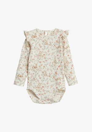 Langsleeve romper van lichtcrème stof, met een bloemenpatroon en dierenillustraties. Rimpelende schouderdetails en drukknoopsluiting aan de onderkant.
