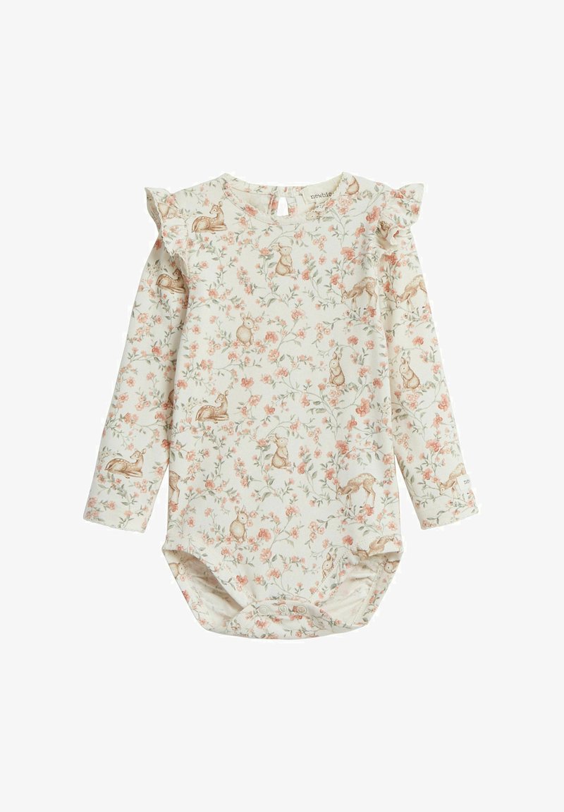 Langarm-Overall aus hellem Creme-Stoff, mit einem Blumenmuster und Tierillustrationen. Rüschendetails an den Schultern und Druckknopfverschluss am Boden.