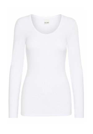 Hvid langærmet bluse med en rund halsudskæring, lavet af glat stof, med et tætsiddende design uden mønstre eller dekorationer.