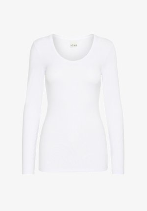 White long-sleeve top with a round neckline, made of smooth fabric, featuring a fitted design without patterns or embellishments.