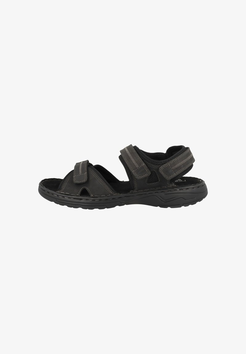 Sandale noire à bout ouvert avec brides Velcro réglables et semelle rembourrée, conçue pour un usage décontracté en extérieur.