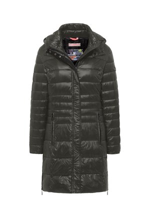 Puffer coat in dark green, polyester material, featuring a hood, zippered front, two side pockets, and a quilted design with horizontal stitching.