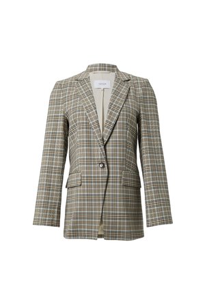 Bruine en crèmekleurige geruite blazer van gestructureerde stof; heeft een notch-lapel, een enkele knoopsluiting en twee voorzakken.