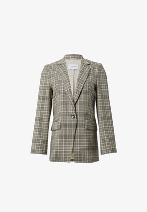 Karierte Blazer in Braun und Creme aus strukturiertem Stoff; mit einem Reverskragen, einem Ein-Knopf-Verschluss und zwei Vordertaschen.