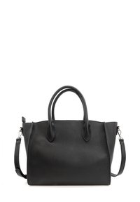 Czarna skórzana torebka o teksturowanym wykończeniu, z podwójnymi uchwytami i regulowanym paskiem na ramię. Posiada usztywniony kształt i otwartą górę.