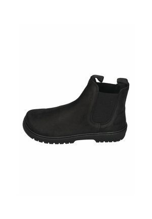 Black leather ankle boot with elastic side panels, pull tabs on front and back, and a ridged rubber sole.
