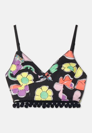 Bralette à imprimé floral multicolore sur fond noir, avec des bonnets triangulaires et une finition en pompons noirs en bas. Bandes réglables incluses.