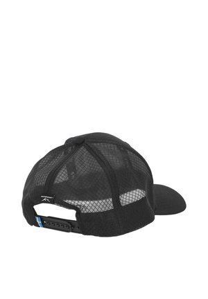 Black mesh trucker cap with adjustable snapback strap featuring a small Swedish flag tag and logo detail.