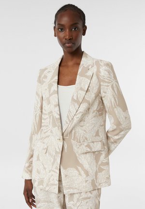 Beige blazer with white abstract leaf patterns, single-button closure, notch lapels, and two front pockets. Smooth fabric with structured fit.