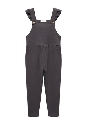 Graue Baumwoll-Overalls mit Rüschenträgern, zwei Seitentaschen und goldenen Knopfdetails. Enganliegendes Design mit lockerer Taille.