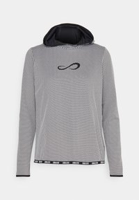 Grau und schwarze Langarm-Hoodie mit einem strukturierten Muster, einem schwarzen Logo auf der Brust und einem umsäumten Saum mit dem Schriftzug "ENDLESS."