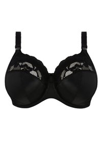 Reggiseno nero con dettagli in pizzo sulla parte superiore, coppe in satin lisce, spalline regolabili e chiusura a gancio. Design strutturato per supporto.