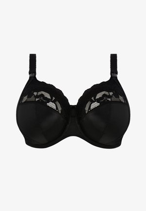 Zwarte bh met kanten details aan de bovenkant, gladde satijnen cups, verstelbare bandjes en haak-en-oog sluiting. Gestructureerd ontwerp voor ondersteuning.