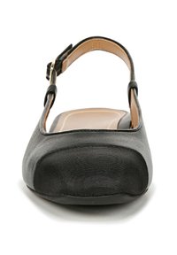 Black and gray flat shoe with a smooth fabric upper, adjustable ankle strap, round toe, and textured detailing on the toe cap.