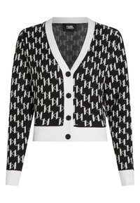 Černobílý cardigan s opakujícím se vzorem "K", v výstřihu do V, žebrovanými manžetami a kontrastní bílou knoflíkovou légou.