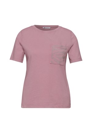 T-shirt rose à manches courtes avec un col rond et une poche décorative à motif sur le côté gauche de la poitrine.